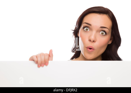 Beautiful Mixed Race Female Holding Blank Sign Isolated on a White Background. Stock Photo