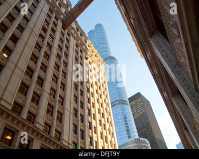 A view of the Wrigley Building and the Trump International Hotel and Tower Chicago in Chicago, Illinois. Stock Photo
