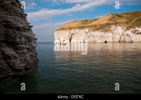 North Landing, Flamborough Head, on the East coast of England. Famous for its smugglers caves and fishing cobles. Stock Photo