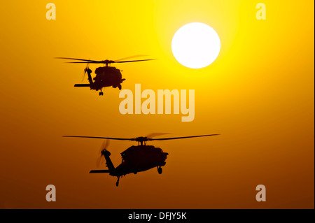 US Navy MH-60S Knighthawk helicopters are silhouetted by the setting sun as they patrol near the aircraft carrier USS Harry S. Truman operating October 3, 2013 in the Gulf of Oman. Stock Photo