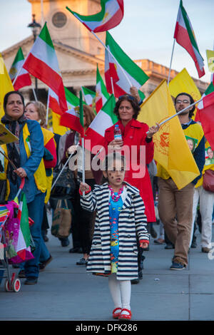London, 06 Oct 2013.  Scores of Anglo-Iranians protest in London's Trafalgar Square for the release of 7 hostages taken during a massacre from from Camp Ashraf and held by Iraq. Credit:  Paul Davey/Alamy Live News Stock Photo