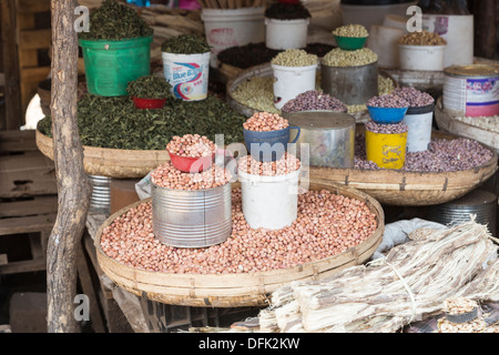 Peanuts piled up in an attractive display on a stall at Maramba Market, Livingstone, Zambia Stock Photo