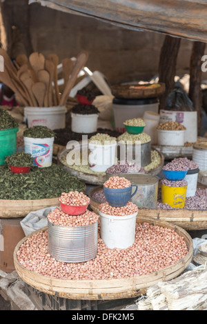 Peanuts piled up in an attractive display on a stall at Maramba Market, Livingstone, Zambia Stock Photo