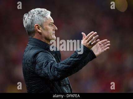 Freiburg, Germany. 06th Oct, 2013. Frankfurt's head coach Armin Veh reacts during the German Bundesliga soccer match between SC Freiburg and Eintracht Frankfurt at Mage Solar Stadium in Freiburg, Germany, 06 October 2013. Photo: PATRICK SEEGER/dpa/Alamy Live News Stock Photo