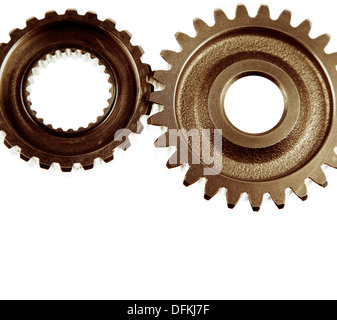 Closeup of two metal cog gears Stock Photo