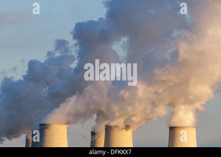 Germany/Brandenburg/Jaenschwalde, Jaenschwalde power plant seen from Peitz in the autumnal evening-sun, 02 Oct 2013 Stock Photo