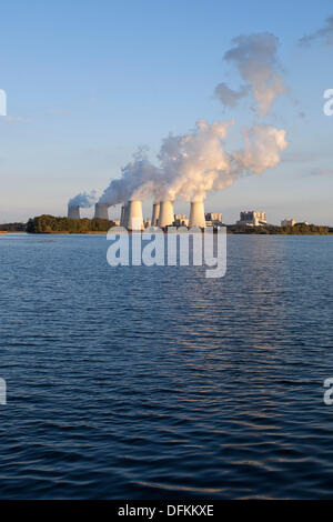 Germany/Brandenburg/Jaenschwalde, Jaenschwalde power plant seen from Peitz in the autumnal evening-sun, 02 Oct 2013 Stock Photo