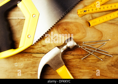 Wood plane, hammer, screw, nails, wood saw on oak board, Photograph by  Benedek Alpar - Pixels