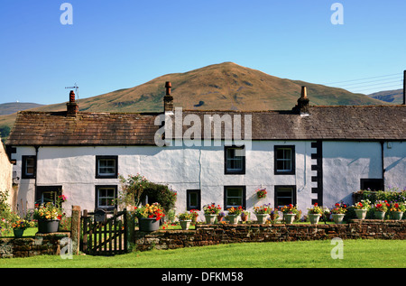 Pretty white painted traditional cottages, with wall and planted flowerpots, in Dufton, Cumbria Stock Photo