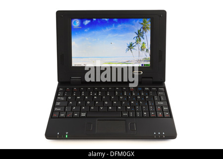 Datawind UbiSurfer netbook showing desktop screen has embedded wireless cellular modem for free mobile Internet in UK Stock Photo