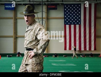 U.S. Marine Corps drill instructor Staff Sgt. Dale R. Barbittas motivates recruits from Marine Corps Recruiting Station Baltimore during physical training tests at the US Naval Academy May 14, 2013 in in Annapolis, MD. Stock Photo