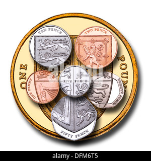 British coinage. All coins, put together to form the shield found on the revers of the pound coin. Stock Photo