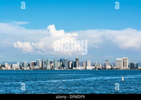 A shoreline, panoramic view of downtown San Diego, California shot from the harbor. Stock Photo