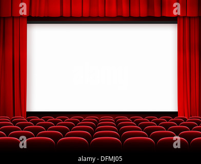 cinema screen with red curtains and seats Stock Photo