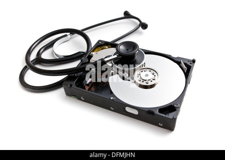 stethoscope with hard disk on white background Stock Photo