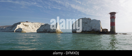 Isle of Wight the Needles rocks lighthouse and gun battery with the Waverly paddle steamer in the distance panorama Stock Photo