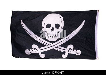 Cut Out. Black Pirate Flag with Skull and Crossed Swords on white background Stock Photo