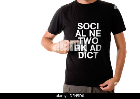 Slim tall man posing in black t-shirt with title SOCIAL NETWORK ADDICT Stock Photo
