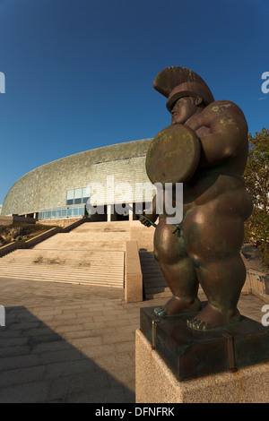 Bronzes statue  Roman warrior  by Fernando Botero, artist, sculptor, Museo Domus, Casa del Hombre, House of the Humans, back, ar Stock Photo