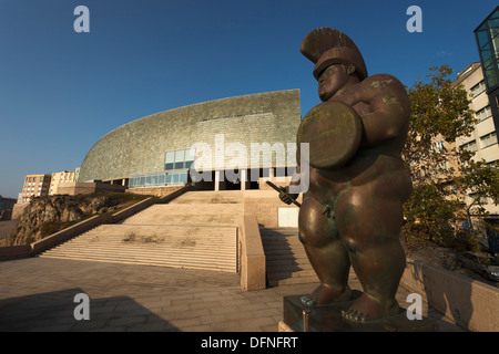 Bronzes statue  Roman warrior  by Fernando Botero, artist, sculptor, Museo Domus, Casa del Hombre, House of the Humans back, arc Stock Photo