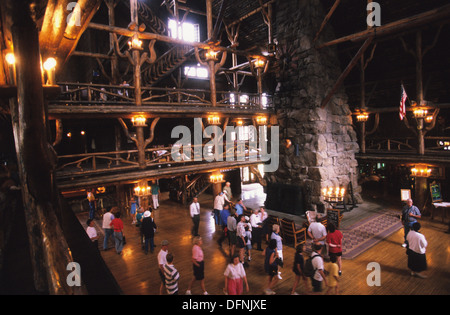 Elk265-1180 Wyoming, Yellowstone National Park, Old Faithful Inn, interior lobby Stock Photo