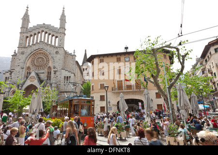 Saturday market, church Sant Bartomeu, town hall, historical tram between Soller and Palma, Tramuntana, Soller, Mallorca, Spain Stock Photo