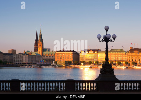 View over Binnenalster onto town hall and Jungfernstieg, Hamburg, Gemany, Europe Stock Photo