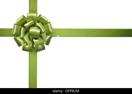 Green satin ribbon with bow isolated on white background Stock Photo