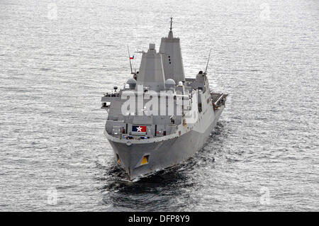 The US Navy USS San Antonio amphibious transport dock ship during operations April 26, 2013 in the Arabian Sea. Terrorist Abu Anas al Libi is currently being held on the San Antonio after his capture October 5, 2013 in Libya. Stock Photo