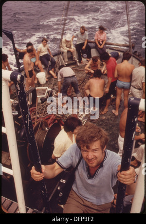 Zoology students from the University of Vienna participate in a scientific cruise of the Adriatic Sea, engaging in marine research and observation aboard the research vessel. Stock Photo