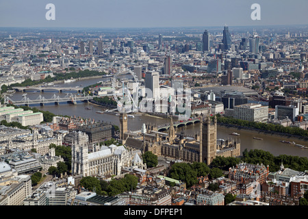 aerial view of Westminster Abbey, The Houses of Parliament, London Eye, Westminster Bridge, South Bank, Thames & City of London Stock Photo