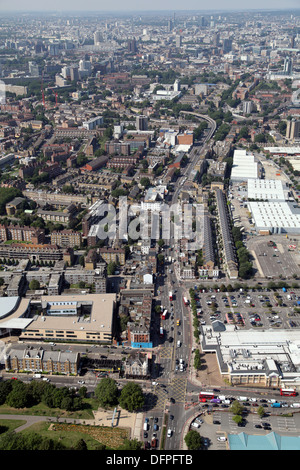 aerial view looking north west up the A2 Old Kent Road towards the A201 and London in the background Stock Photo
