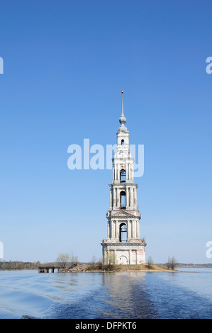 The flooded belltower on river Volga, Kalyazin, Russia Stock Photo
