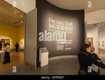 National Gallery, London, UK. 8th October 2013. Facing The Modern: The Portrait in Vienna 1900, sponsored by Credit Suisse, Press Preview in the Sainsbury Wing The UK’s first major exhibition devoted to the portrait in Vienna during the distinctive flourishing of modern art in the Austrian capitalIconic portraits of the time by Gustav Klimt, Egon Schieleand Arnold Schönberg are displayed alongside works by less widely known artists such as Broncia Koller. Credit:  Malcolm Park editorial/Alamy Live News Stock Photo