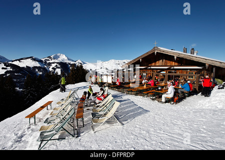 Austria, Tyrol, Kitzbuhel, Kirchberg, Ski Resort Pengelstein, Jausenstation, Ski hut Stock Photo