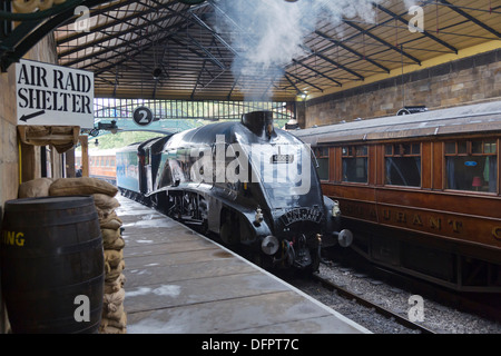 Sir Nigel Gresley steam engine pulling into Pickering Station on the North York Moors Heritage Rail Line. Stock Photo