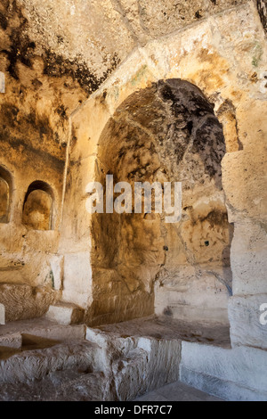 Interior of the iconic early Christian 11th century rock church of St Peter Monterrone, in Matera, Basilicata, southern Italy. Stock Photo