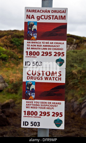 Irish Customs Drugs Watch signage signs in Bunbeg Harbour County Donegal Ireland Stock Photo