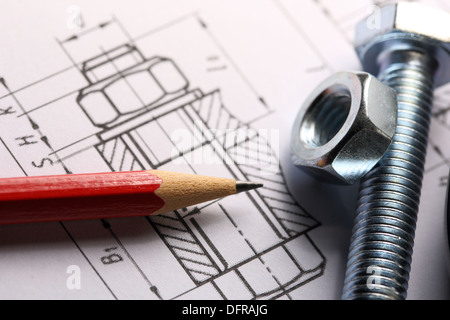 Drafting, screw bolt with nut Stock Photo
