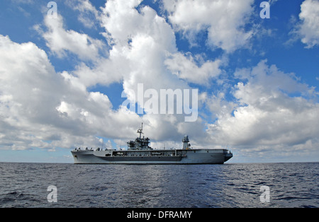 The amphibious command ship USS Mount Whitney (LCC 20) cruises through the water while underway conducting unit-level training. Stock Photo