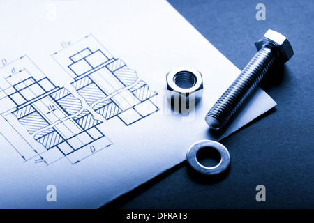 Drafting and screw bolt with nut Stock Photo