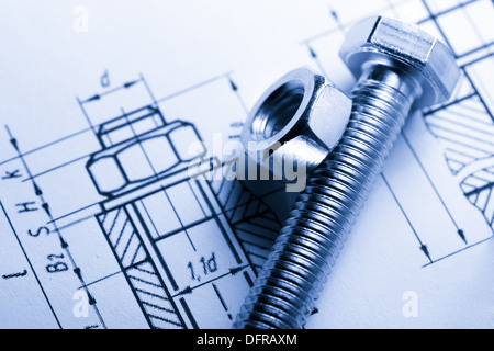 Drafting and screw bolt with nut Stock Photo