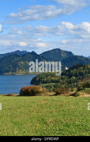 Pieniny mountains with Niedzica castle over Czorsztynskie lake, and green meadow in front. Southern Poland. Stock Photo