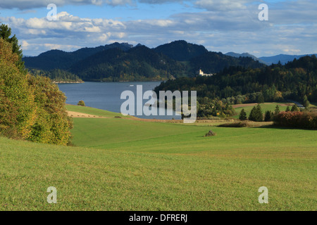 Pieniny mountains with Niedzica castle over Czorsztynskie lake, and green meadow in front. Southern Poland. Stock Photo