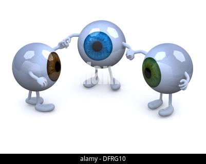 three eyeball with arms and legs in different colors holding hands, 3d illustration Stock Photo