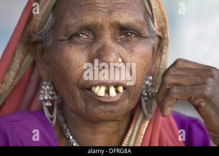 Close up of a Korku tribal women with bucked teeth Khalwa, Jharikheda village, Madhya Pradesh, India. Stock Photo