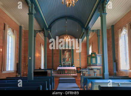 Inside the tiny wooden Norwegian stave church in Mo, Modalen, Hordaland, Norway, Scandinavia Stock Photo