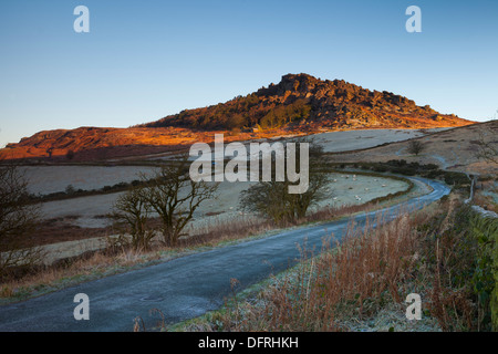 Early sun glowing on the Roaches in the English Peak District Stock Photo