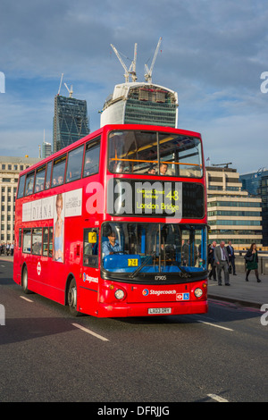 Red double decker bus, 20 Fenchurch Street the Walkie-Talkie, The Leadenhall Building from London Bridge, City of London, UK Stock Photo