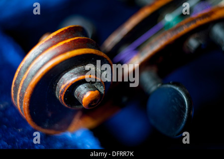 Closeup of old violin in its case Stock Photo
